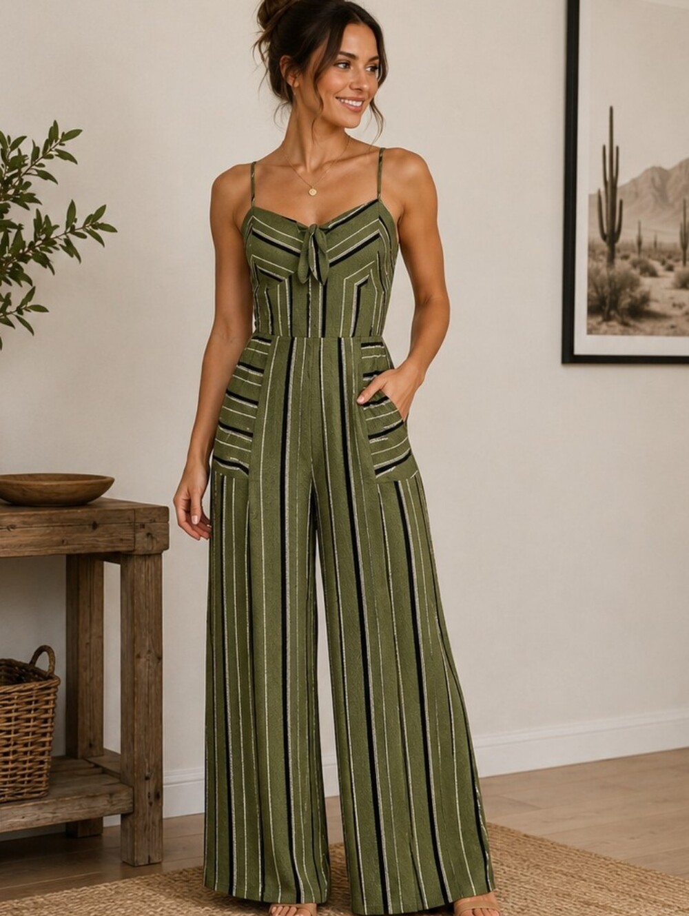 Green & Black Striped Wide-Leg Jumpsuit | Flowy Tie-Front Romper